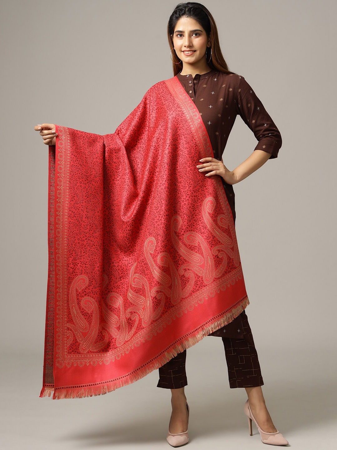 

HANDICRAFT PALACE Women Pink Woven Design Paisley Wool Shawl