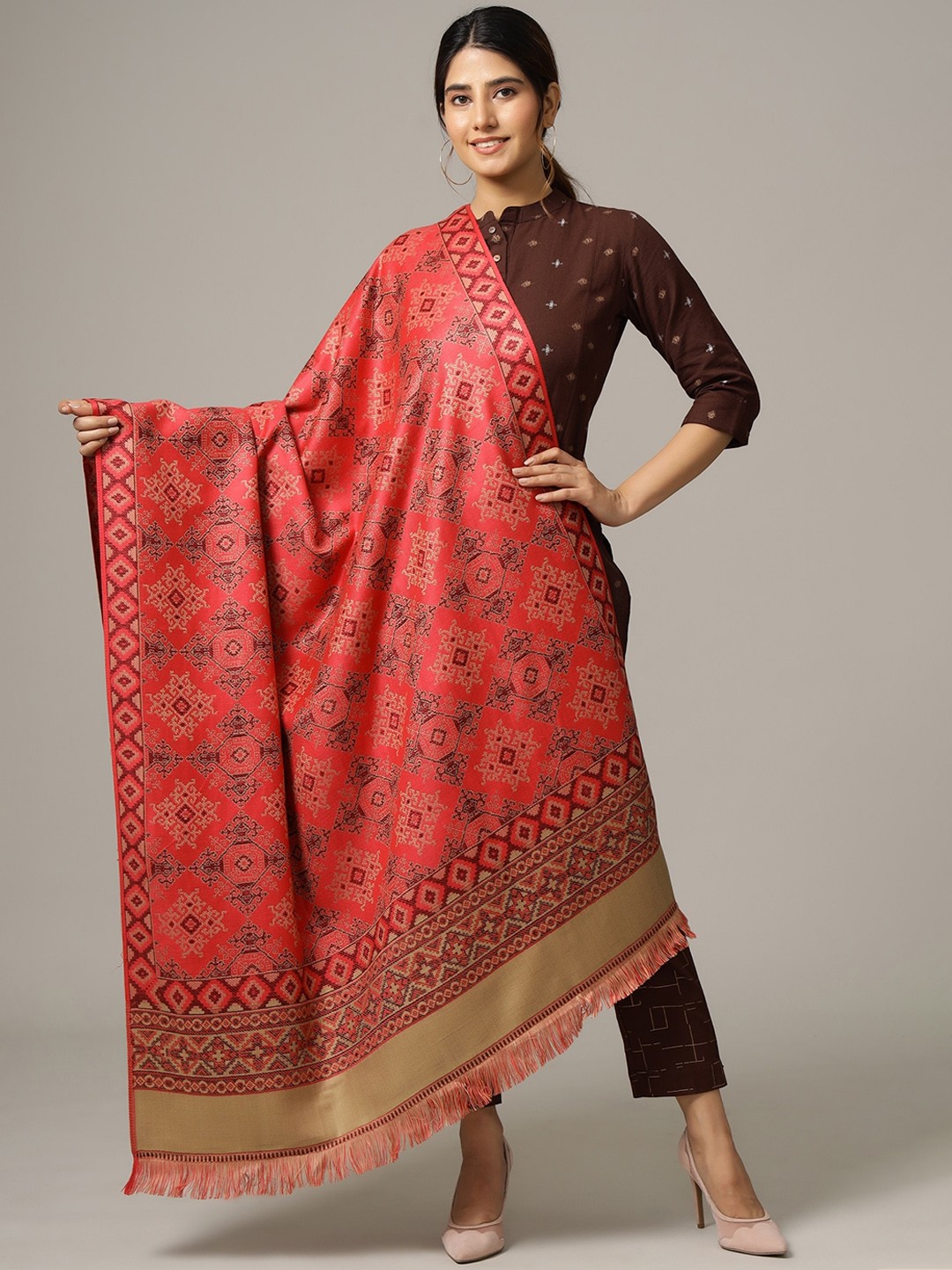 

HANDICRAFT PALACE Women Pink Paisley Woven Design Jamawar Shawl