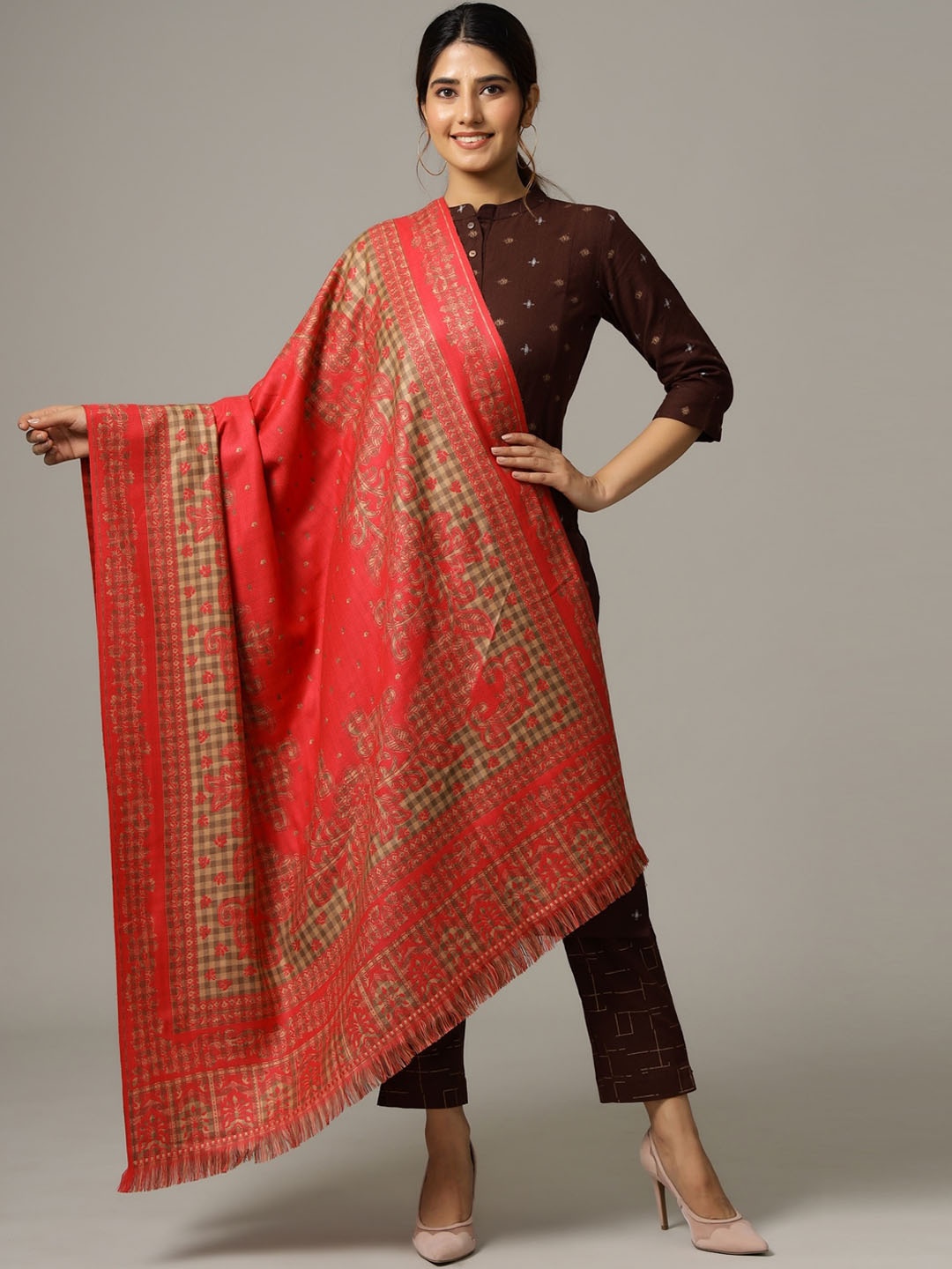 

HANDICRAFT PALACE Women Pink & Beige Paisley Woven-Design Shawl