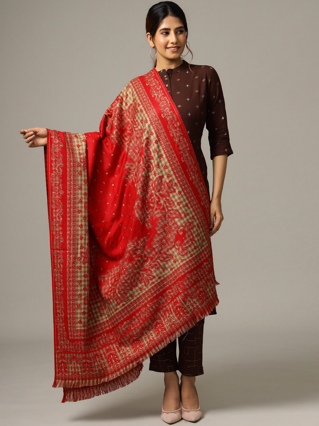 

HANDICRAFT PALACE Women Red Woven Design Jamawar Paisley Shawl