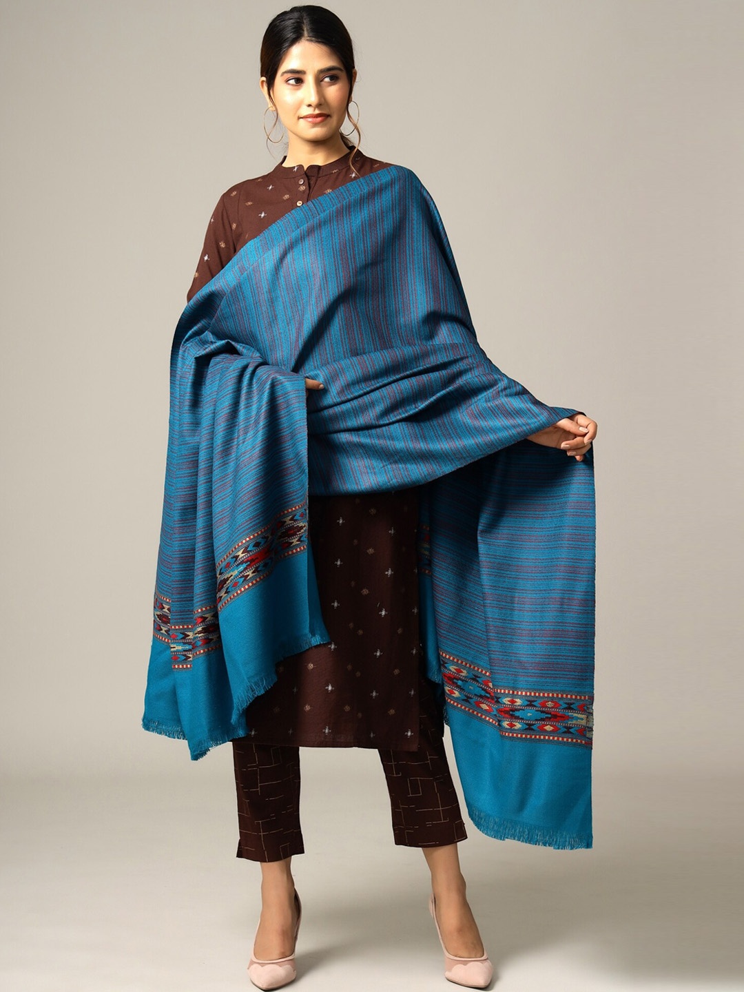 

HANDICRAFT PALACE Women Turquoise Blue Striped Woven Shawl