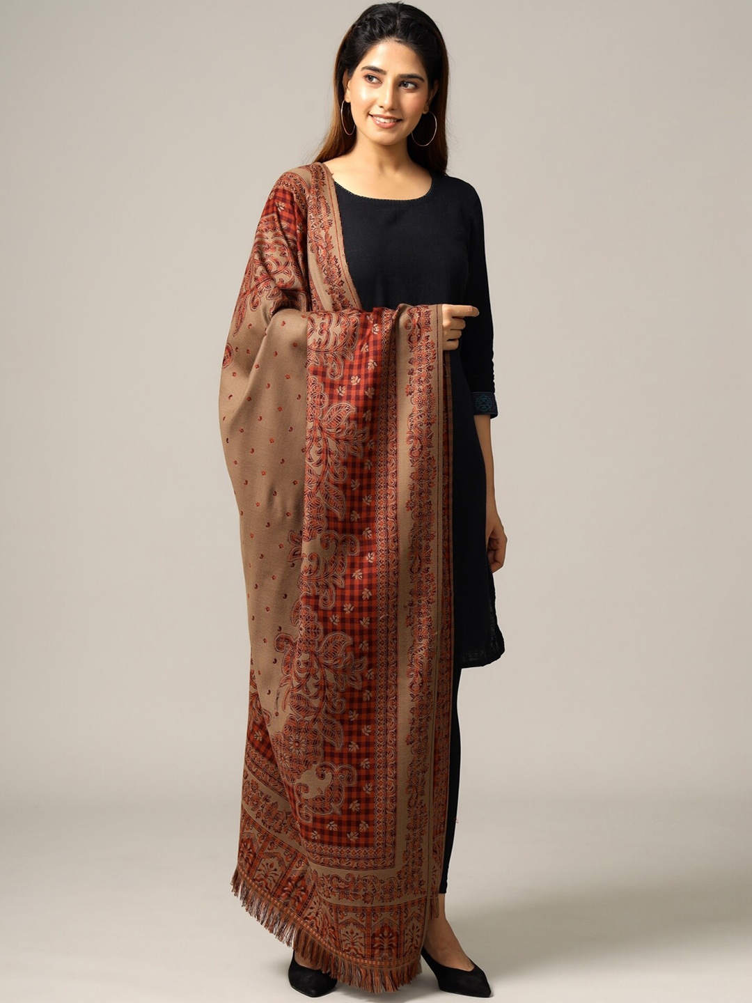 

HANDICRAFT PALACE Women Brown Woven Design Jamawar Paisley Shawl