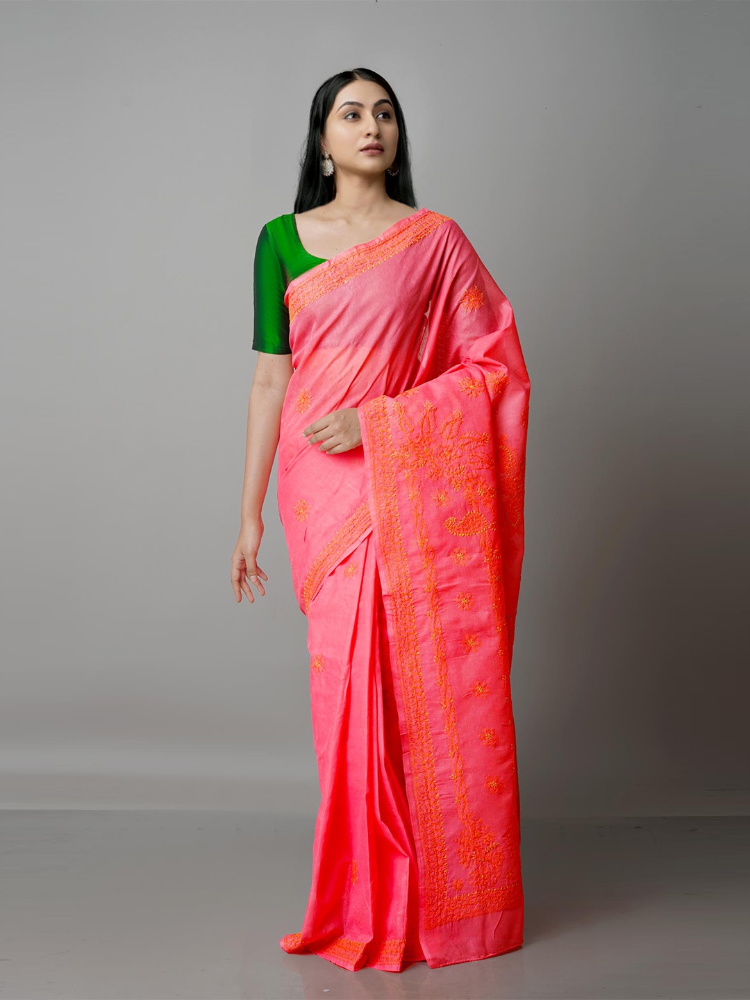 

Unnati Silks Peach-Coloured Floral Chikankari Bhagalpuri Saree