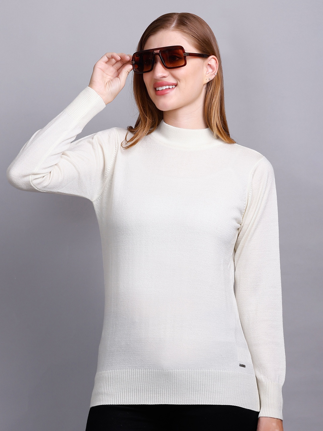 

GODFREY Women White Turtle Neck Full Sleeve Pullover