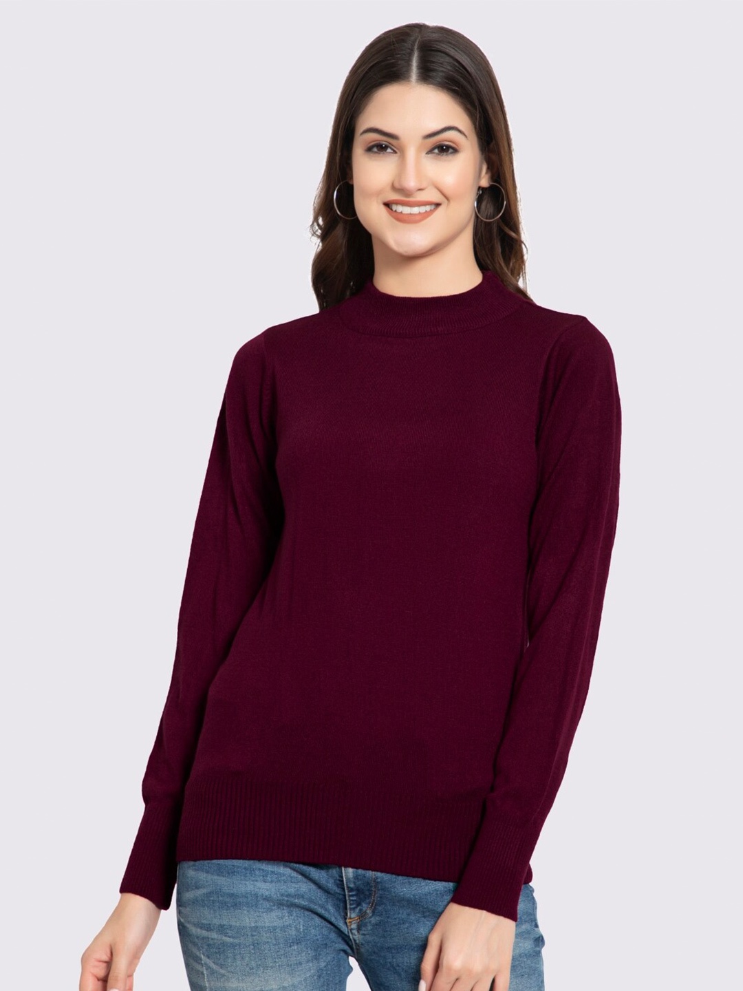 

GODFREY Women Burgundy Turtle Neck Full Sleeve Acrylic Pullover