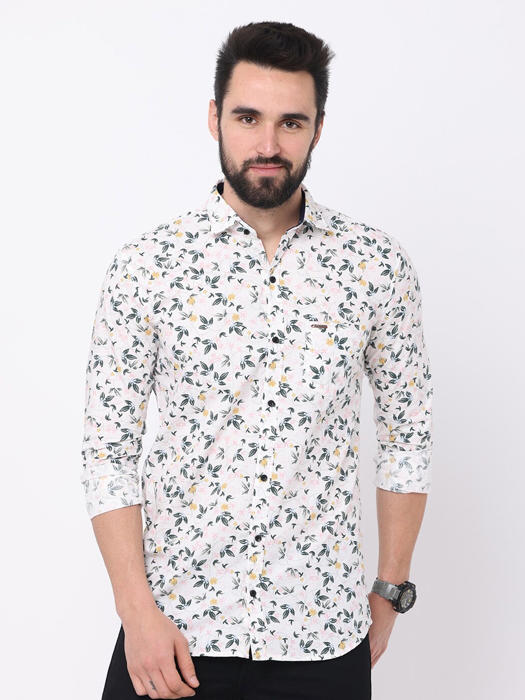 

Jean Cafe Men White Premium Slim Fit Floral Printed Casual Shirt