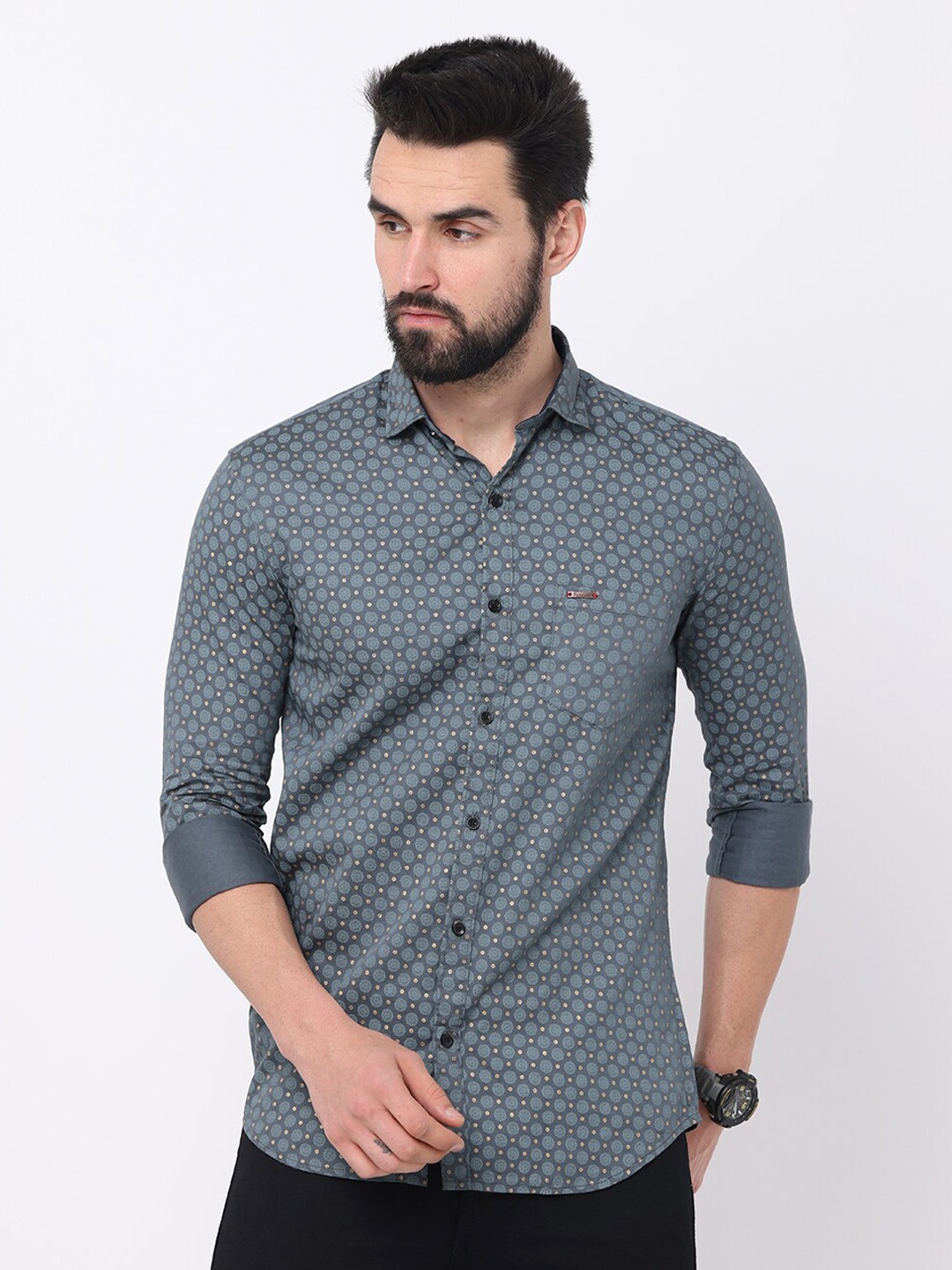 

Jean Cafe Men Grey Premium Slim Fit Printed Casual Shirt