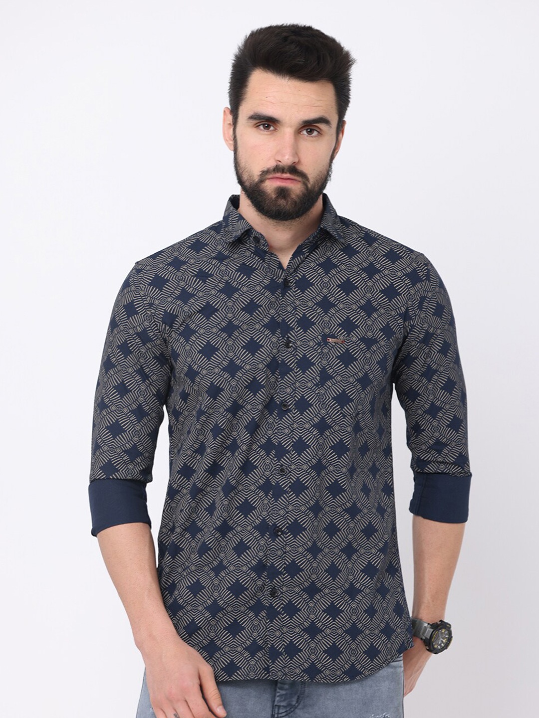 

Jean Cafe Men Navy Blue Premium Slim Fit Printed Casual Shirt