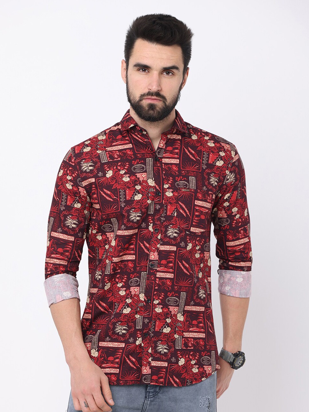 

Jean Cafe Men Red Premium Slim Fit Printed Casual Shirt