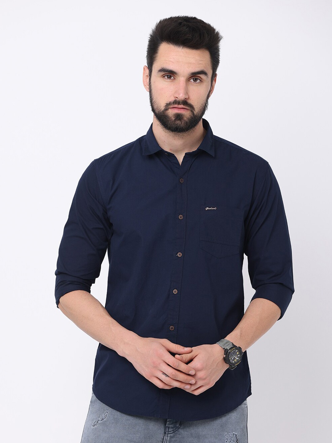 

Jean Cafe Men Navy Blue Premium Slim Fit Organic Cotton Casual Shirt