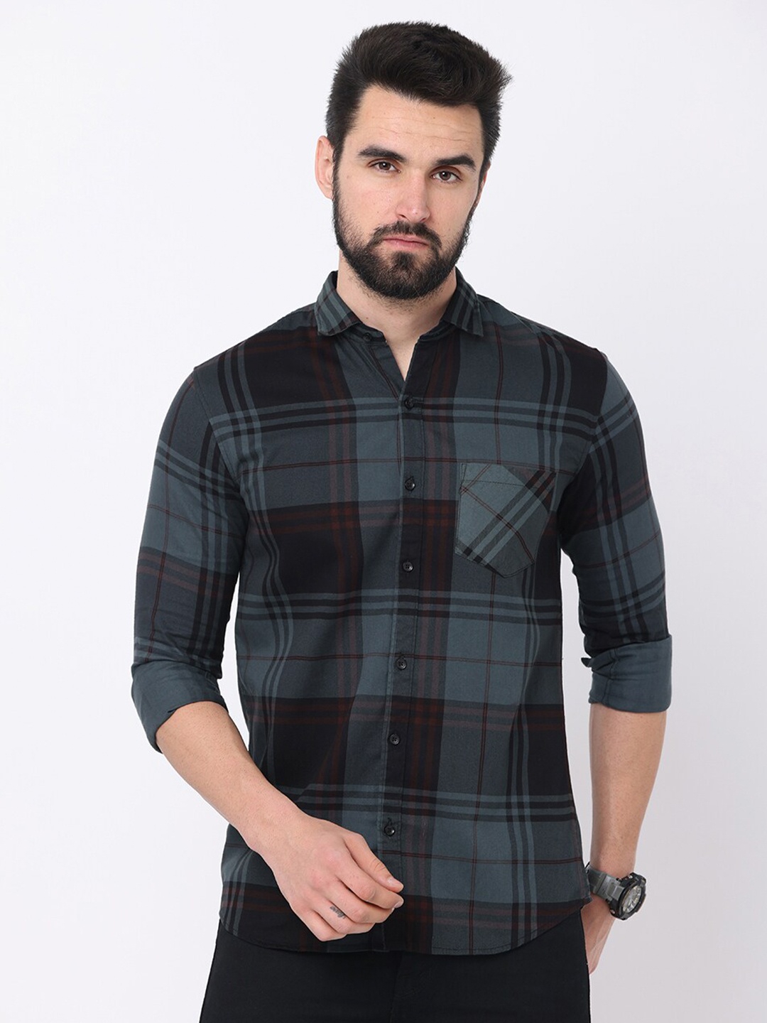 

Jean Cafe Men Green Premium Slim Fit Checked Casual Shirt