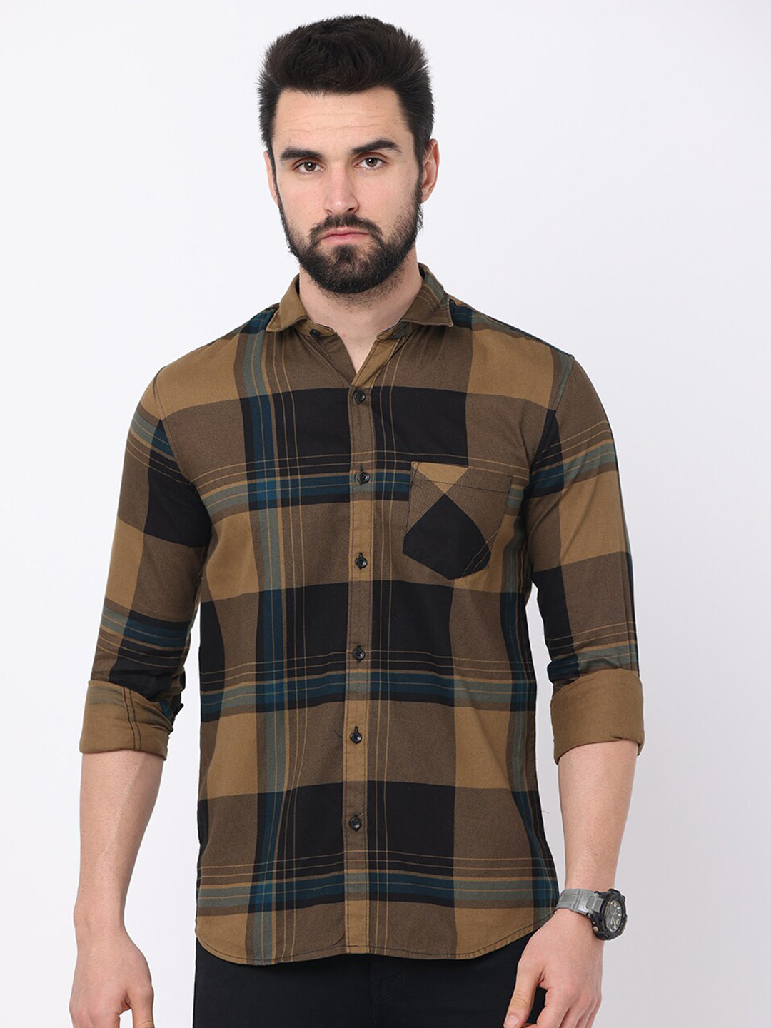 

Jean Cafe Men Khaki Premium Slim Fit Buffalo Checks Checked Casual Shirt