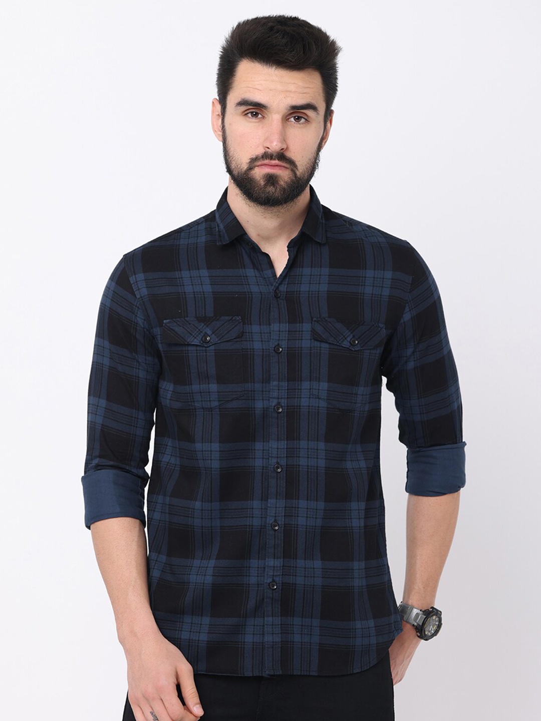 

Jean Cafe Men Navy Blue Premium Slim Fit Tartan Checks Checked Casual Shirt
