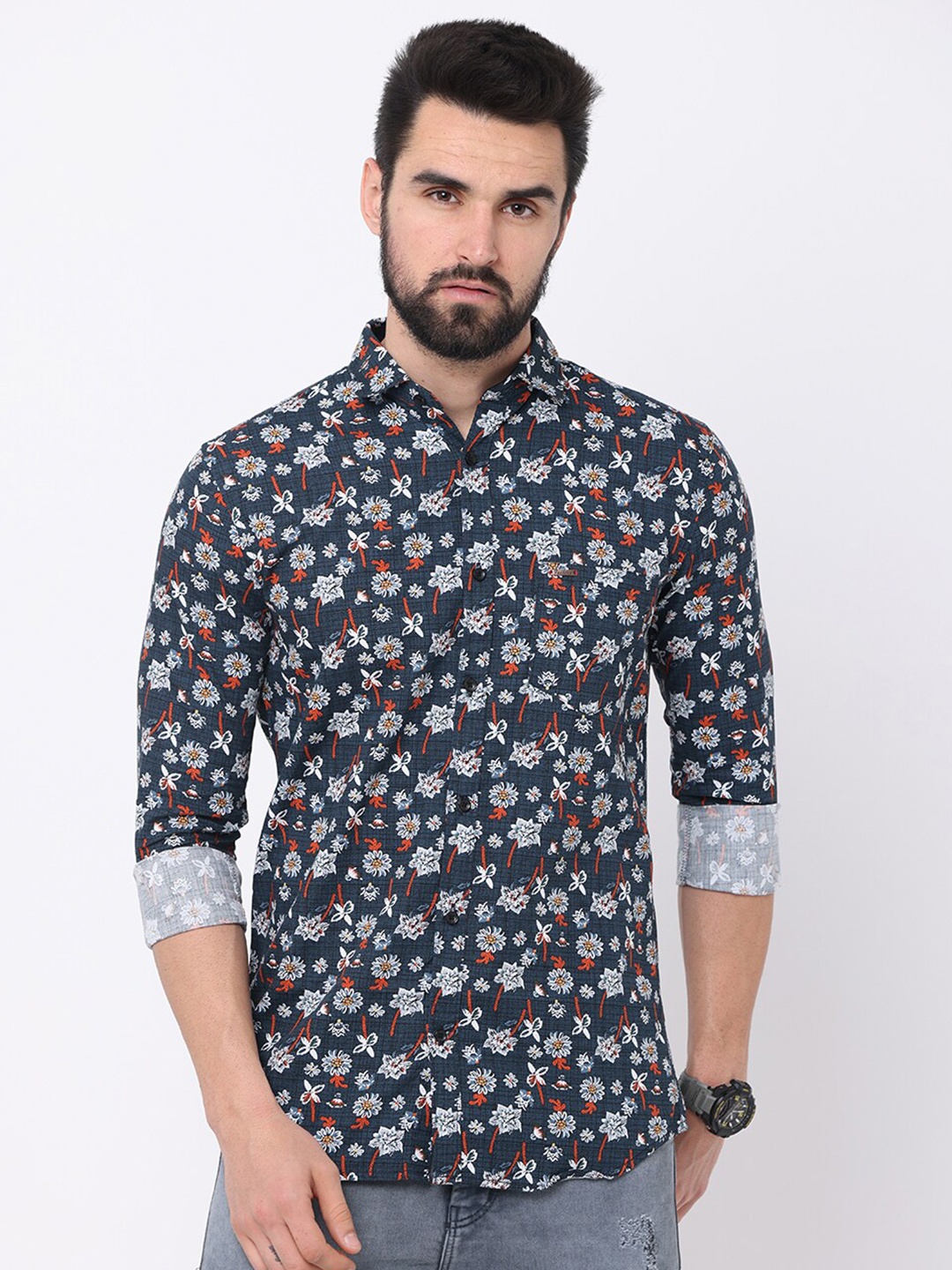 

Jean Cafe Men Blue Premium Slim Fit Floral Printed Casual Shirt