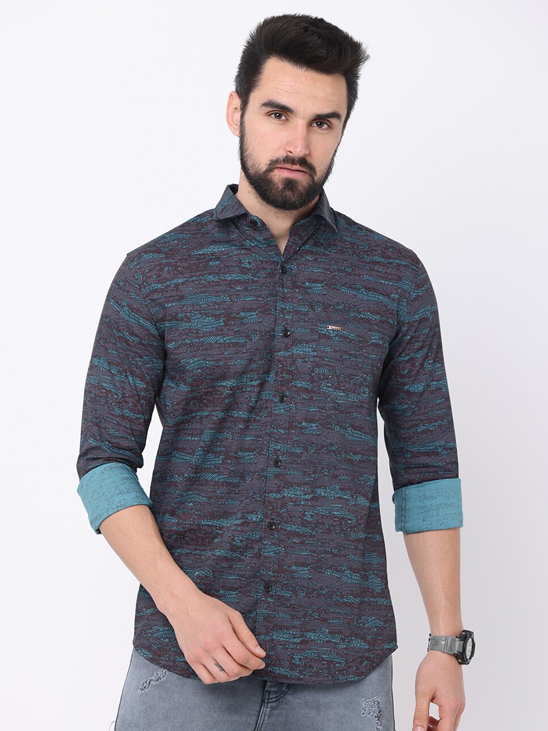 

Jean Cafe Men Grey Premium Slim Fit Printed Casual Shirt