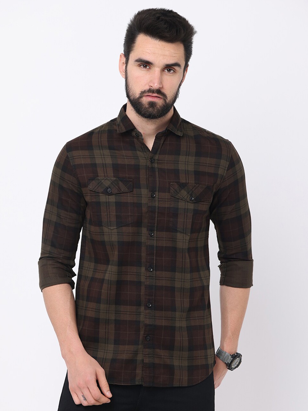 

Jean Cafe Men Olive Green Premium Slim Fit Tartan Checks Checked Casual Shirt