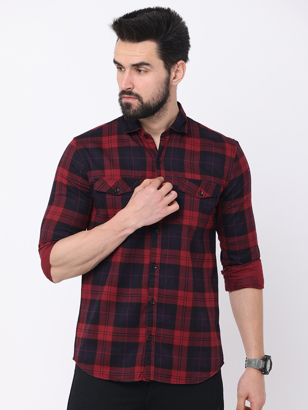 

Jean Cafe Men Red Premium Slim Fit Buffalo Checks Checked Casual Shirt