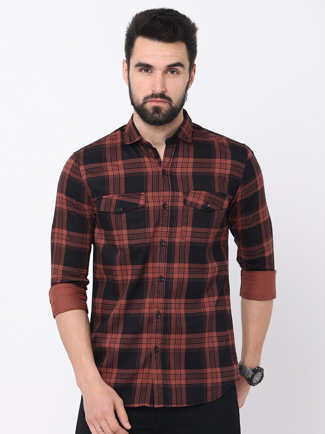 

Jean Cafe Men Brown Premium Slim Fit Tartan Checks Checked Casual Shirt