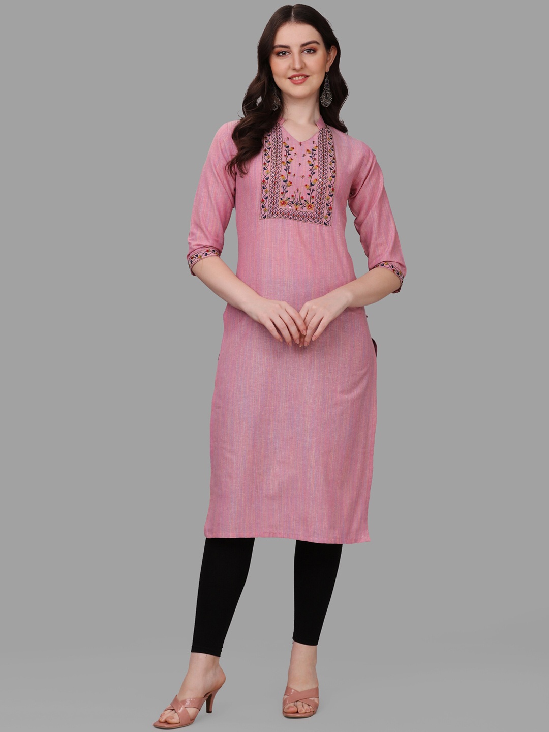 

KALINI Women Pink Floral Yoke Design Thread Work Kurta
