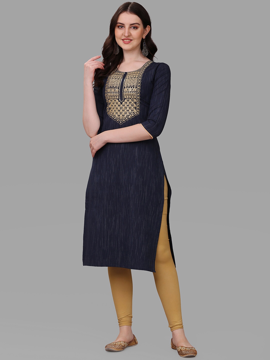 

KALINI Ethnic Motifs Embroidered Beads and Stones Cotton Kurta, Navy blue