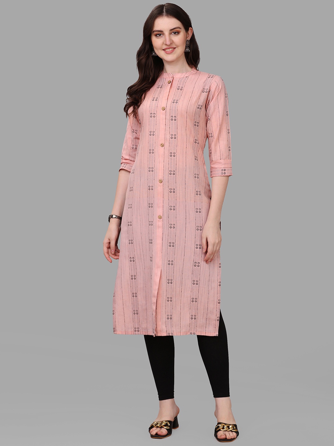 

KALINI Geometric Striped Pure Cotton Kurta, Peach