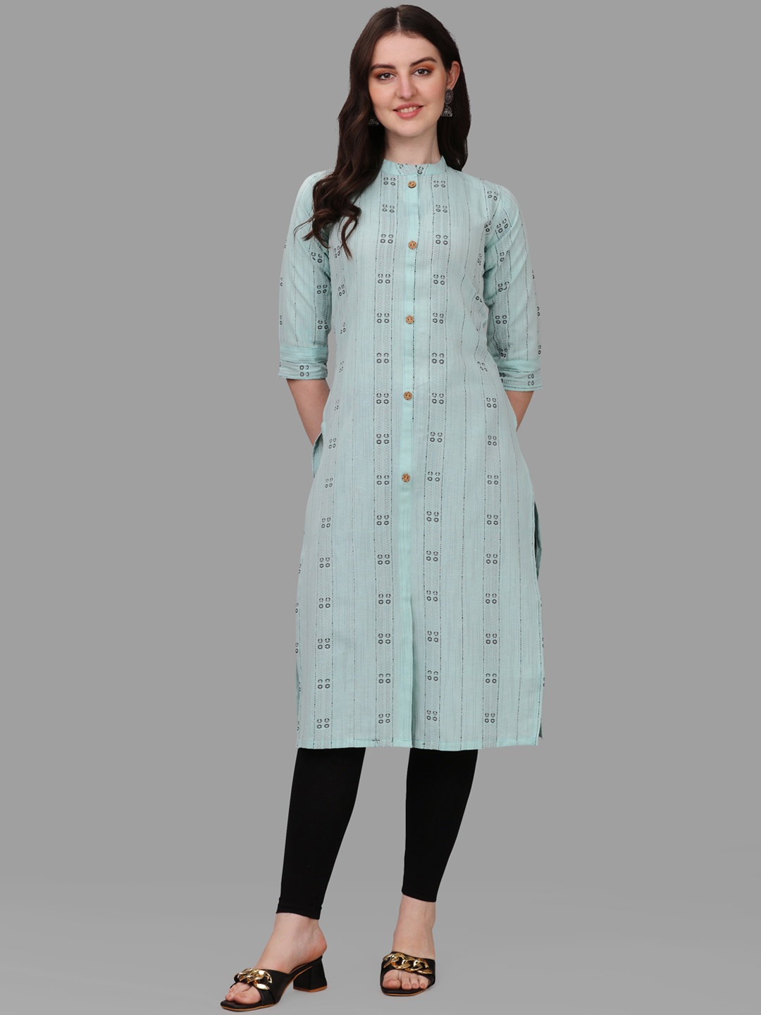 

KALINI Geometric Printed Mandarin Collar Straight Regular Pure Cotton Kurta, Blue