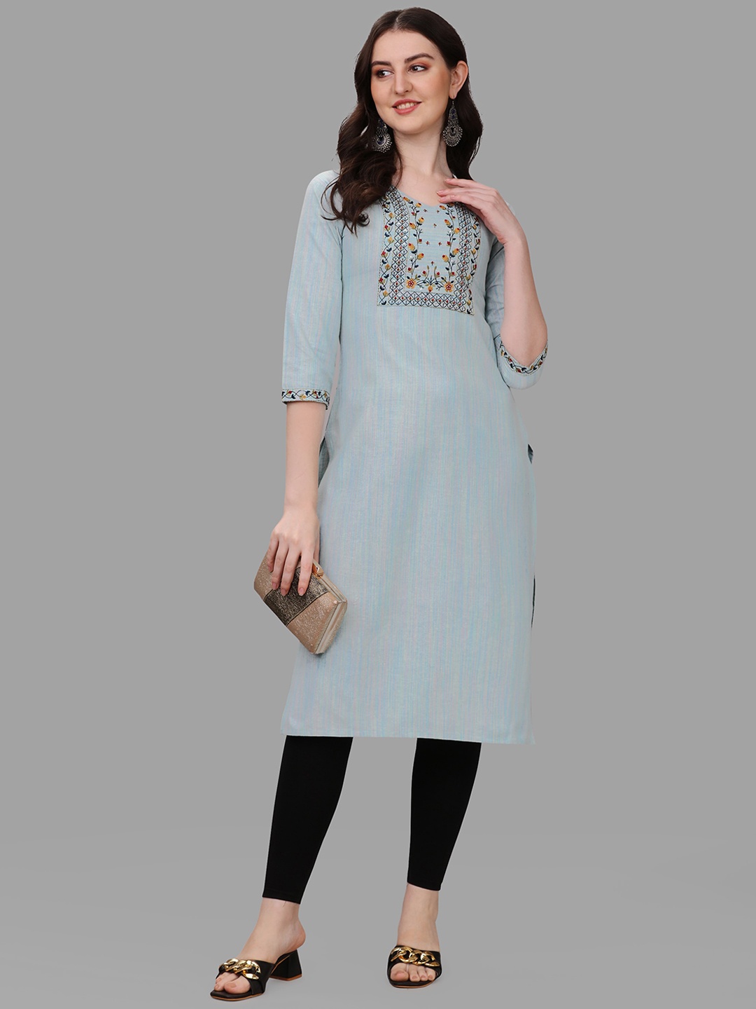 

KALINI Ethnic Motifs Yoke Design Thread Work Pure Cotton Kurta, Blue