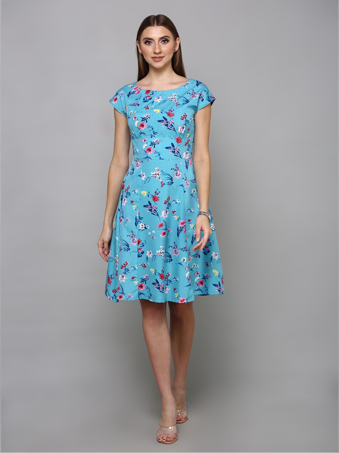 

aturabi Floral Printed Fit and Flare Boat Neck Dress, Blue