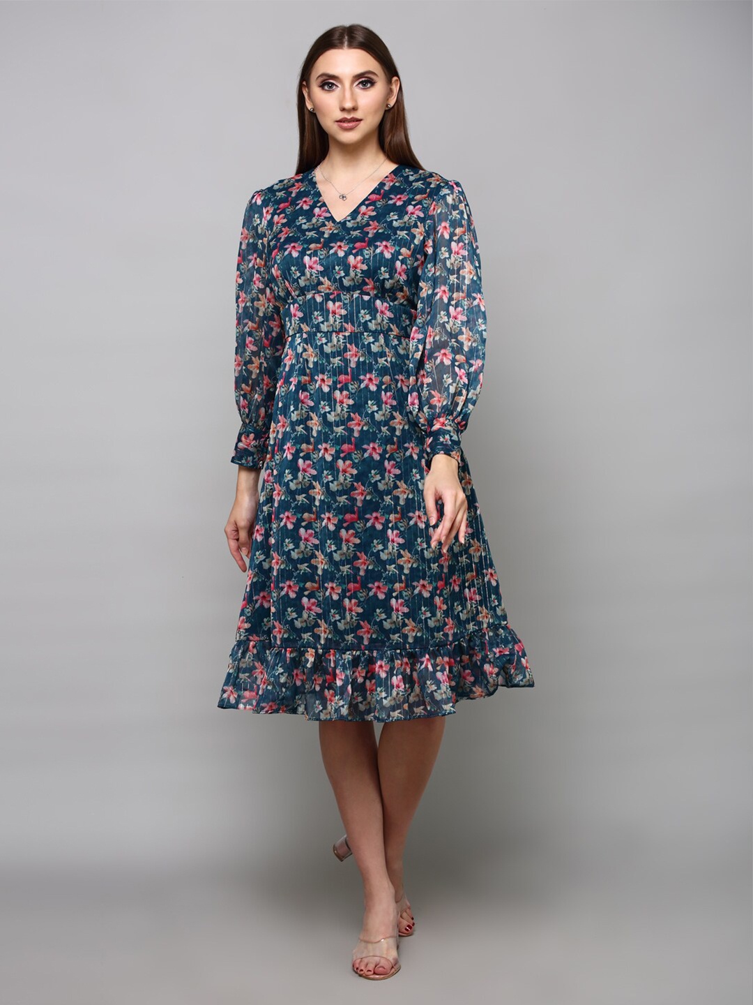 

aturabi Blue Floral A-Line Dress