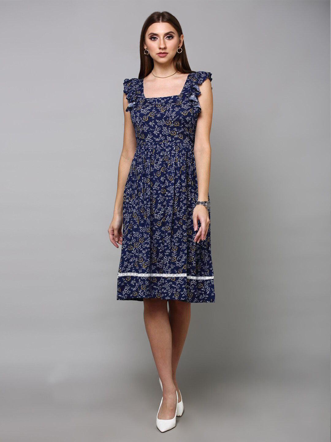 

aturabi Floral Printed Sleeveless Fit and Flare Square Neck Dress, Navy blue