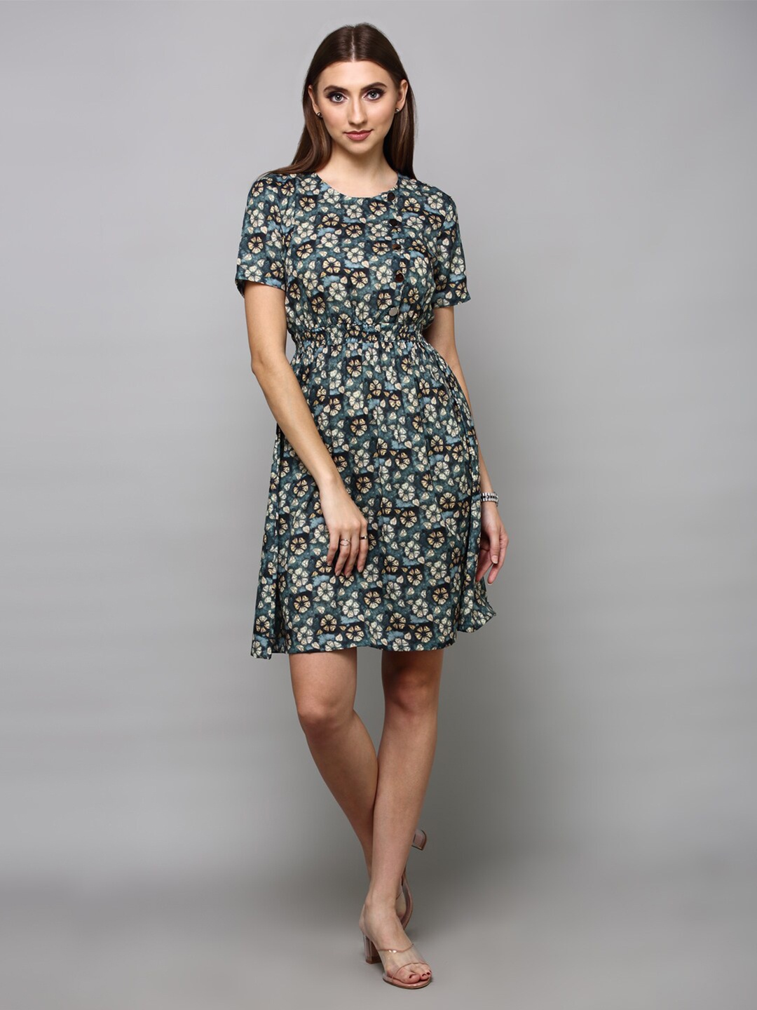 

aturabi Olive Green & Brown Floral A-Line Dress