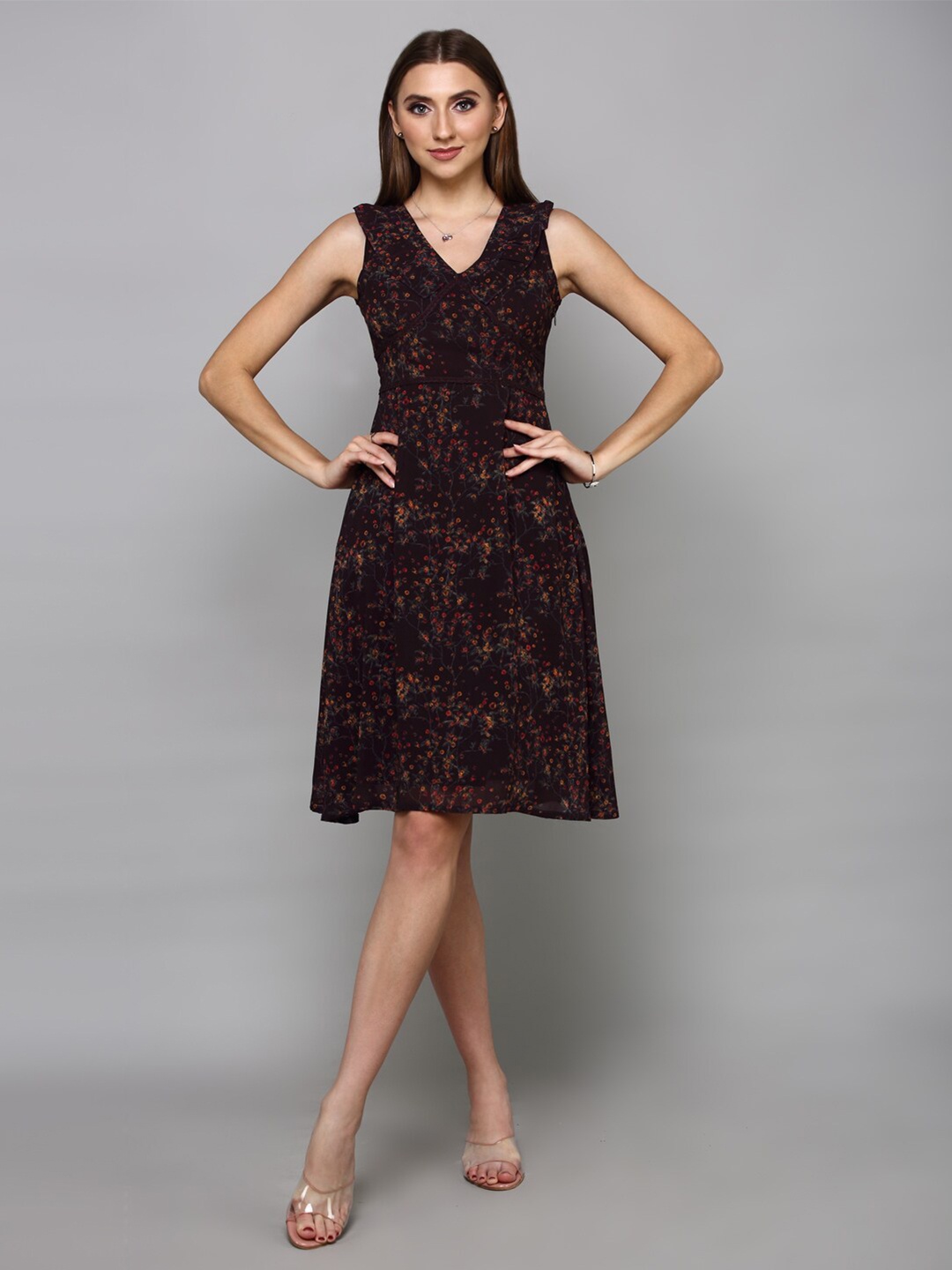 

aturabi Floral Printed Fit and Flare V-Neck Dress, Maroon