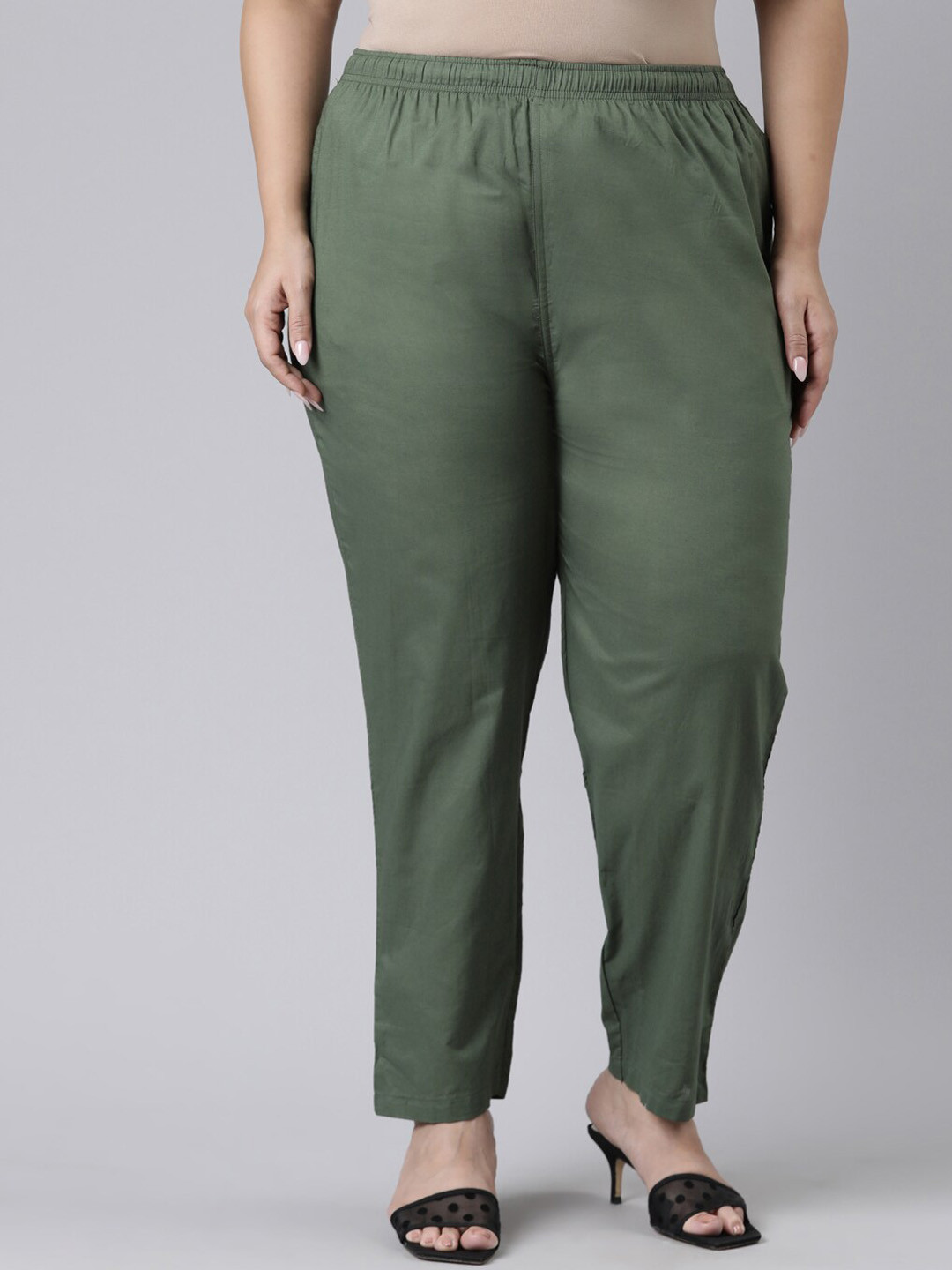 

Go Colors Women Plus Size Olive Green Cotton Tailored Tapered Fit Trousers