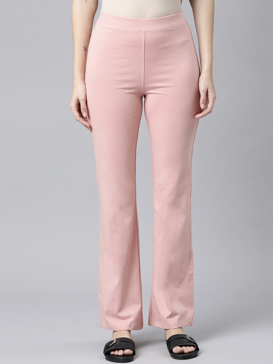 

Go Colors Women Pink Cotton Relaxed Flared High-Rise Trousers