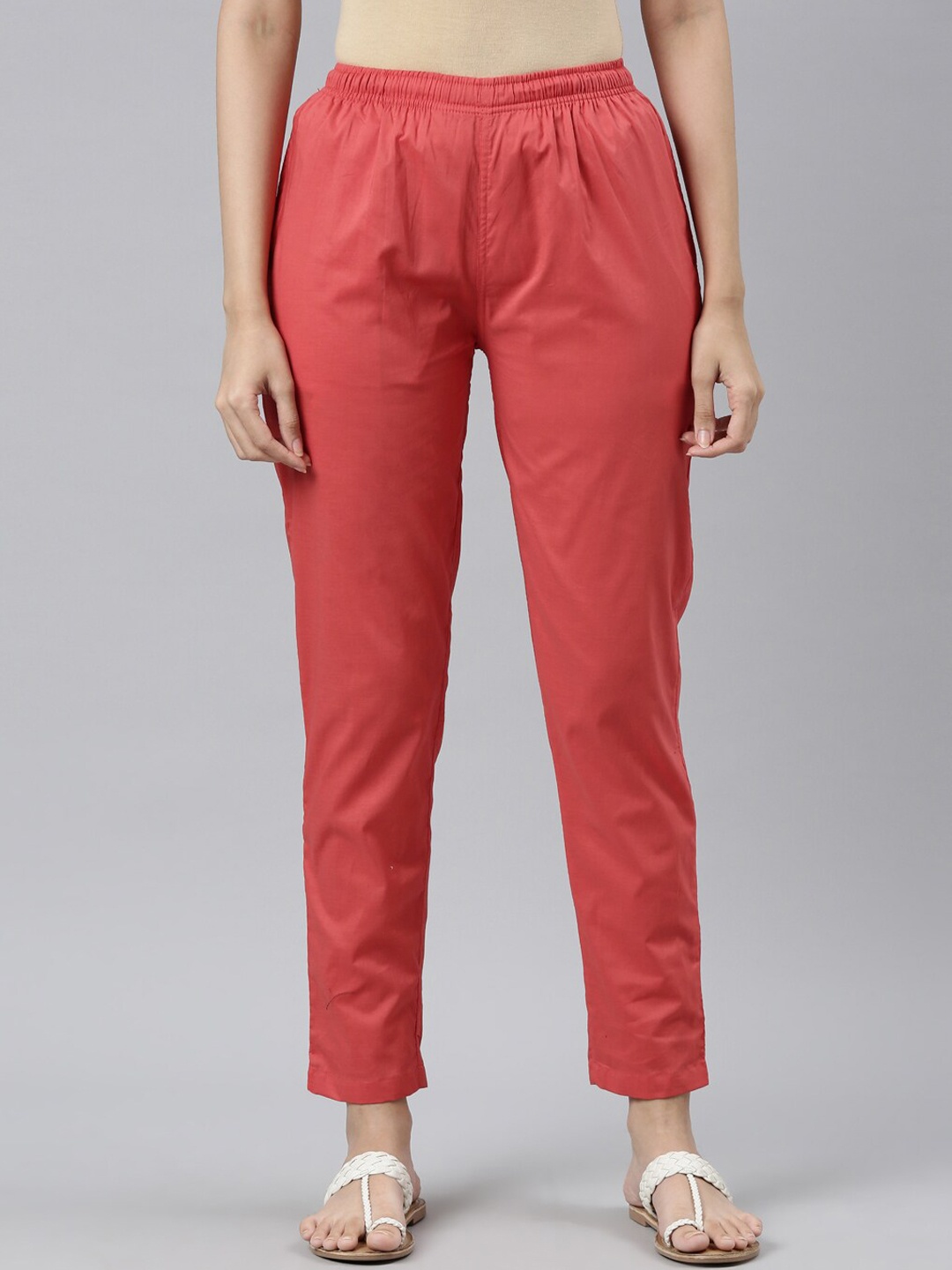 

Go Colors Women Coral Cotton Tailored Tapered Fit Trousers