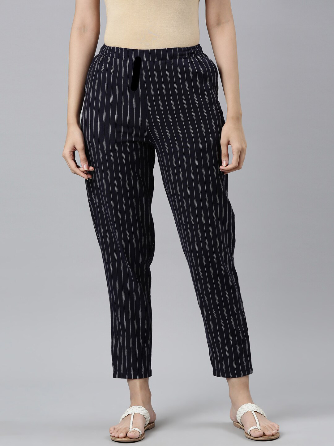 

Go Colors Women Navy Blue Linen Striped Tailored Tapered Fit Trousers