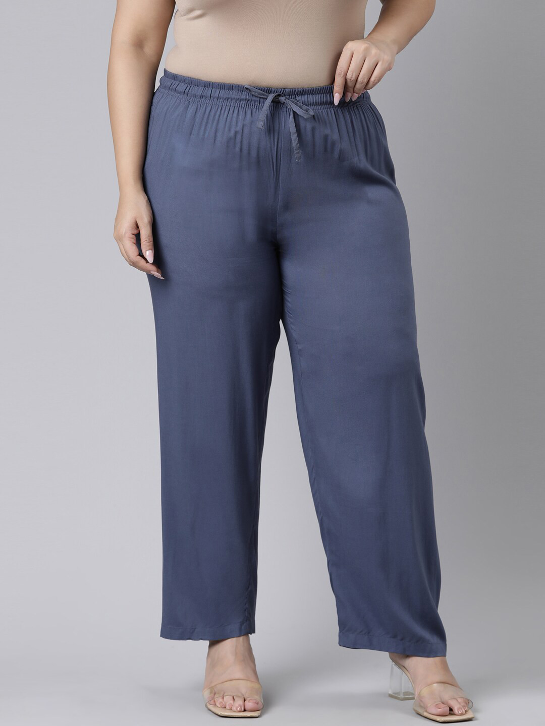 

Go Colors Women Plus Size Navy Blue Relaxed Pleated Trousers