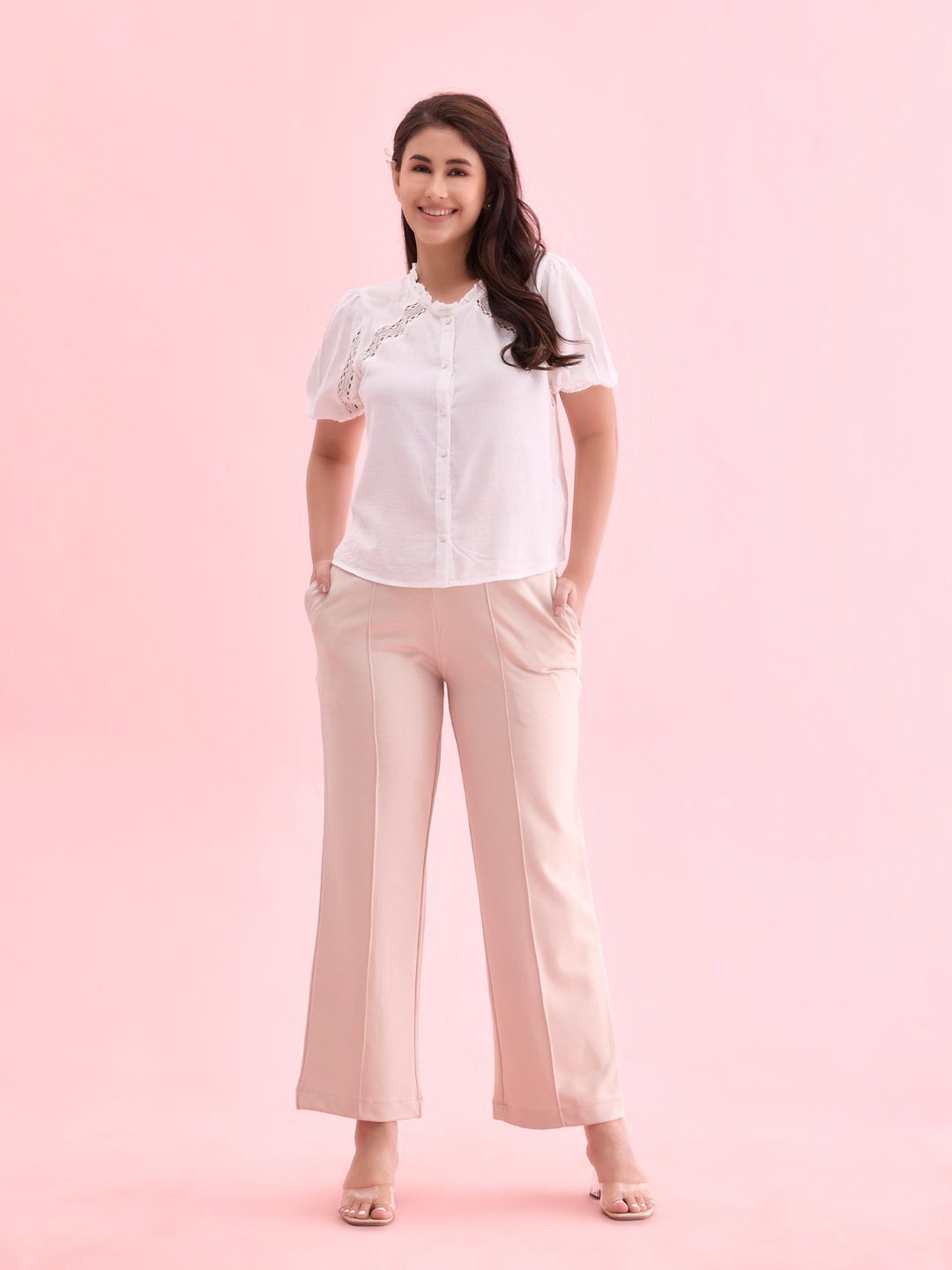 

Go Colors Women Plus Size Beige Relaxed High-Rise Trousers