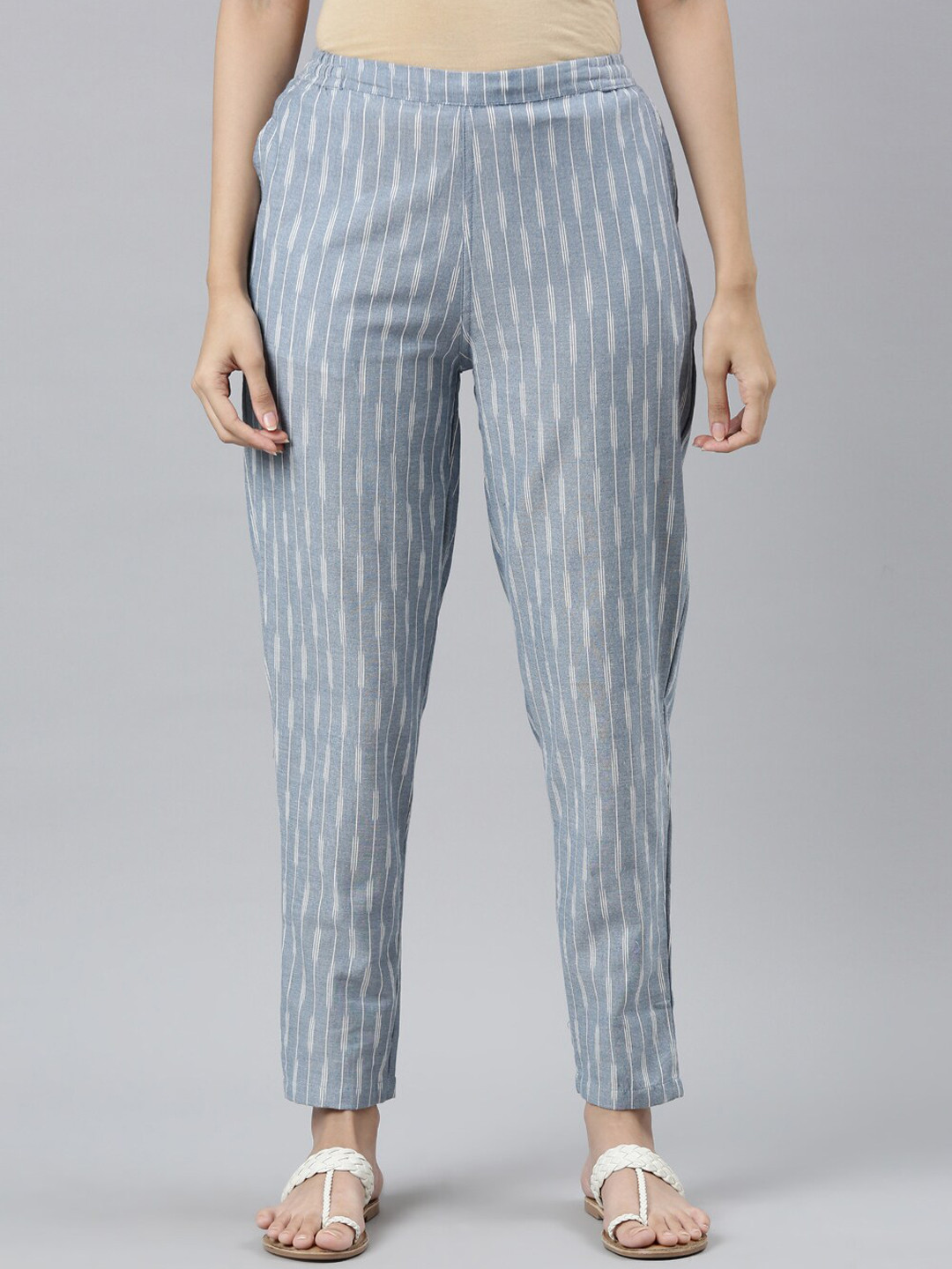 

Go Colors Women Blue Linen Striped Comfort Trousers