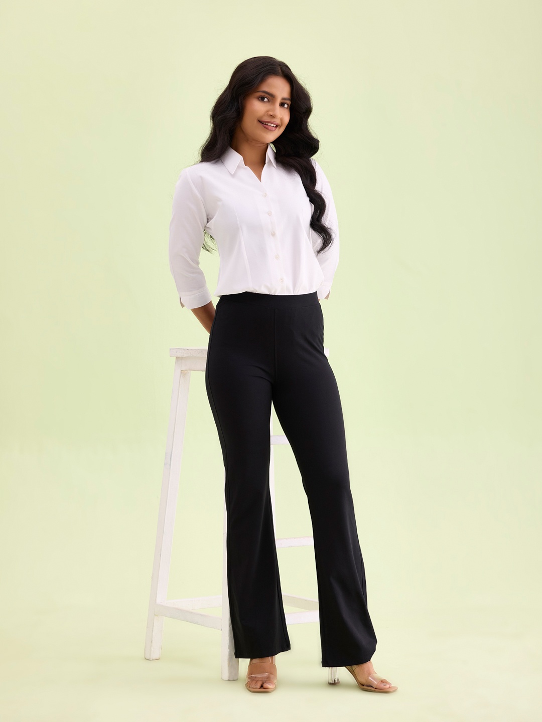 

Go Colors Women Black Cotton Relaxed Flared High-Rise Trousers