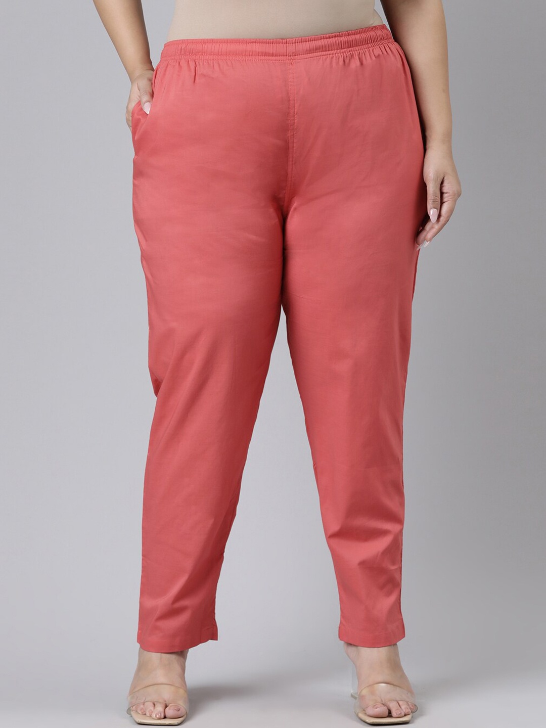 

Go Colors Women Plus Size Coral Pink Comfort Fit Cotton Trousers