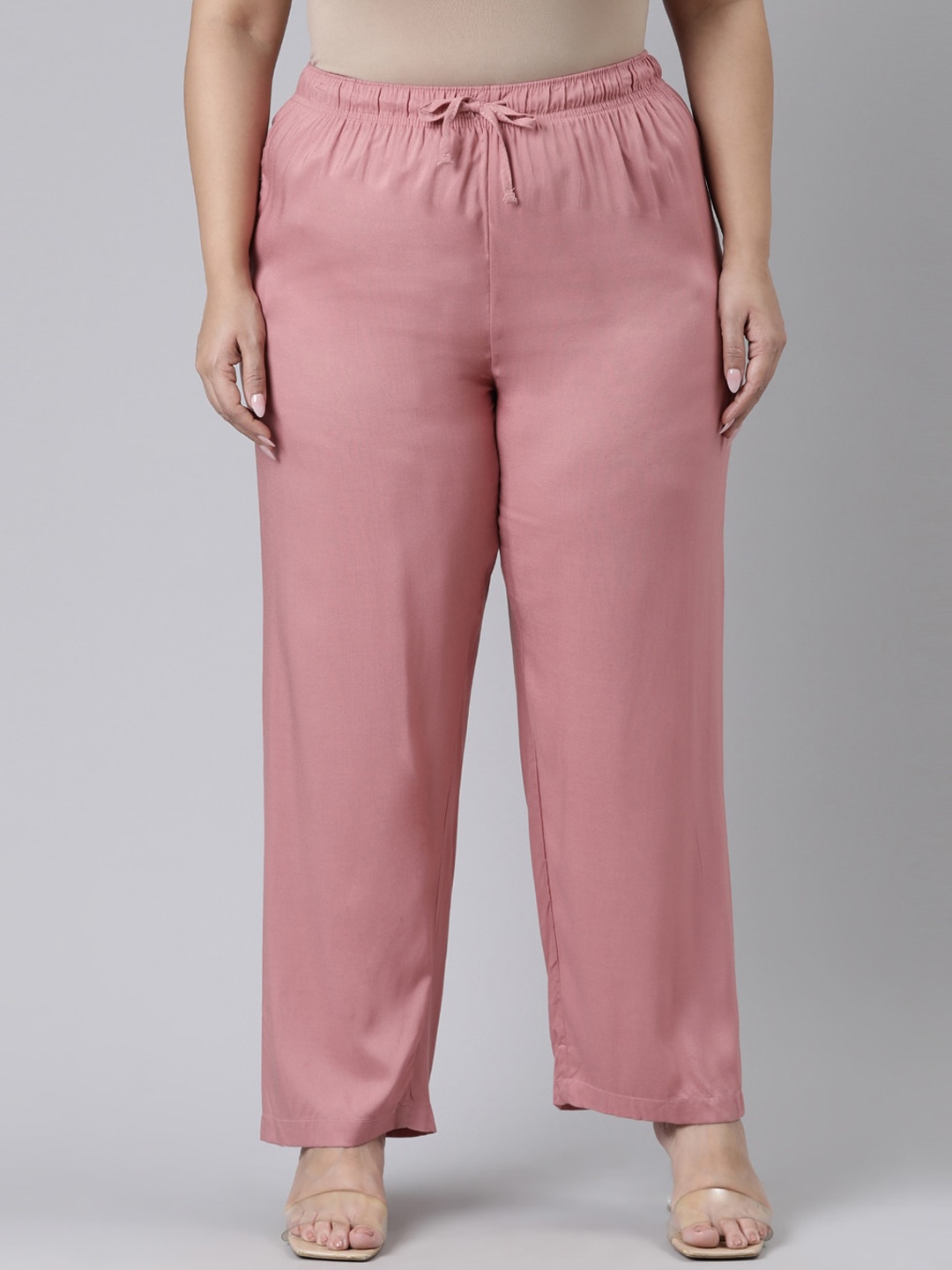 

Go Colors Women Plus Size Pink Relaxed Pleated Trousers