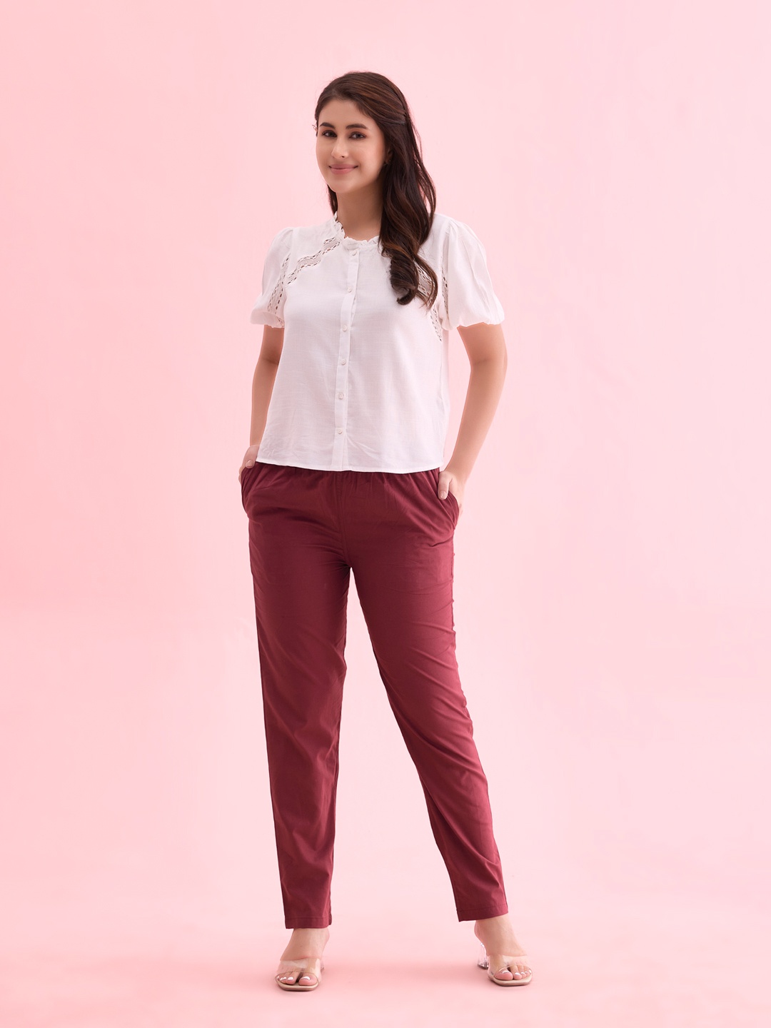 

Go Colors Women Plus Size Maroon Cotton Tailored Tapered Fit Trousers