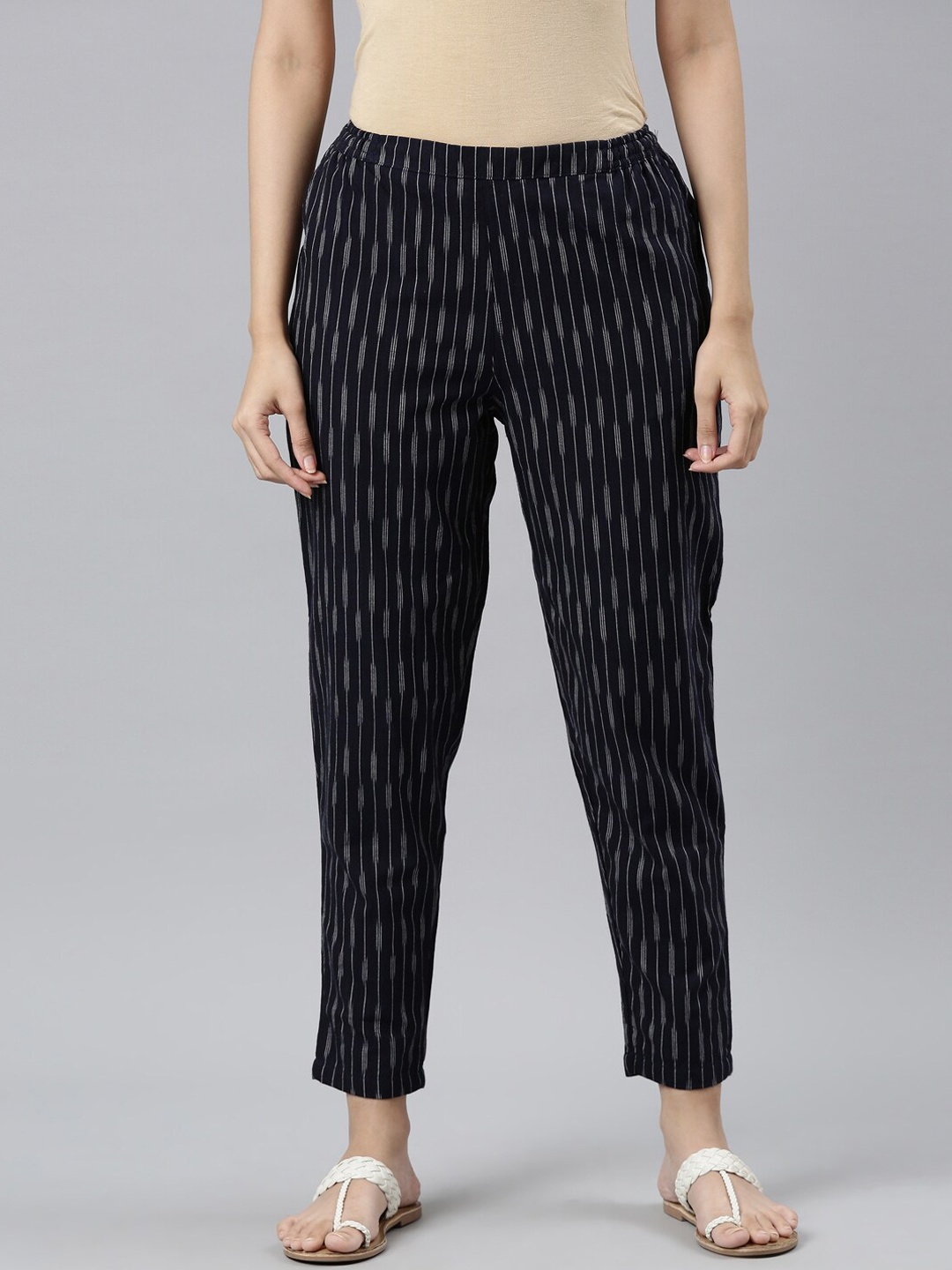 

Go Colors Women Navy Blue Striped Comfort Trousers