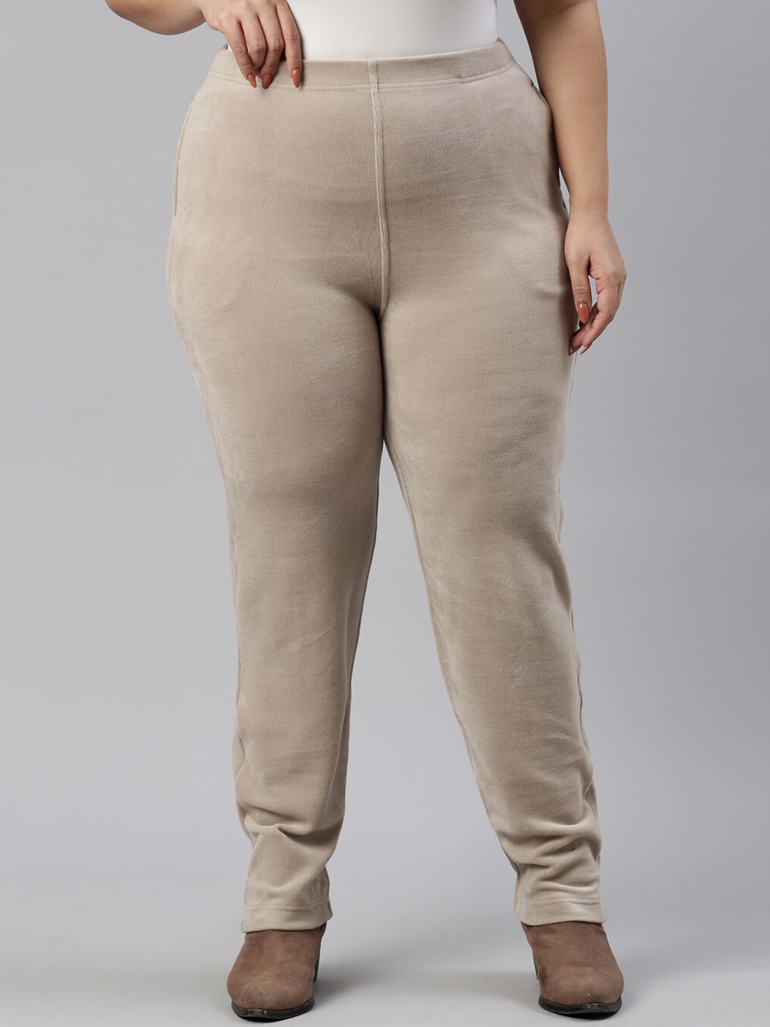 

Go Colors Women Plus Size Beige Relaxed Trousers
