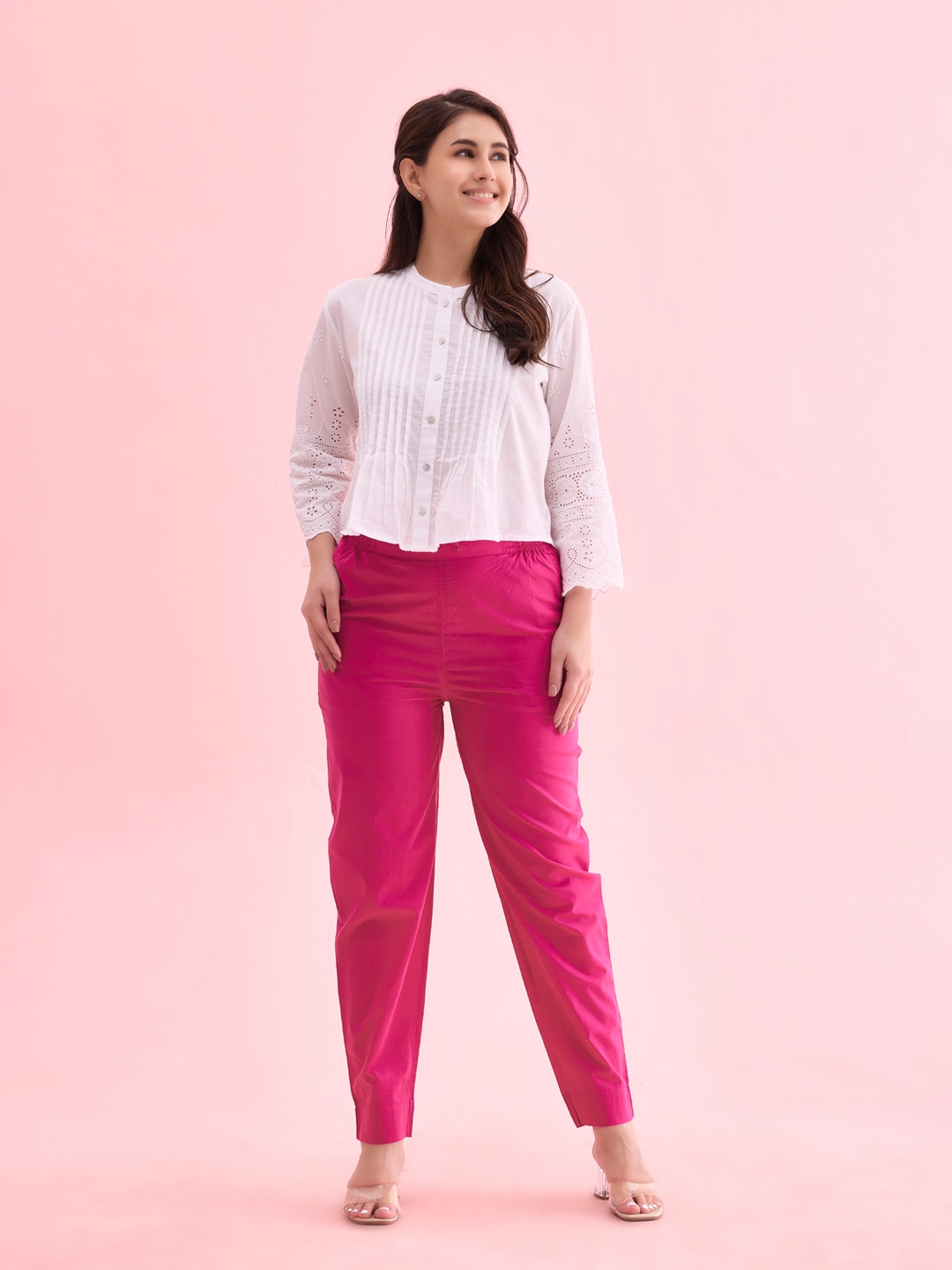 

Go Colors Women Plus Size Cotton Tailored Tapered Fit Trousers, Red