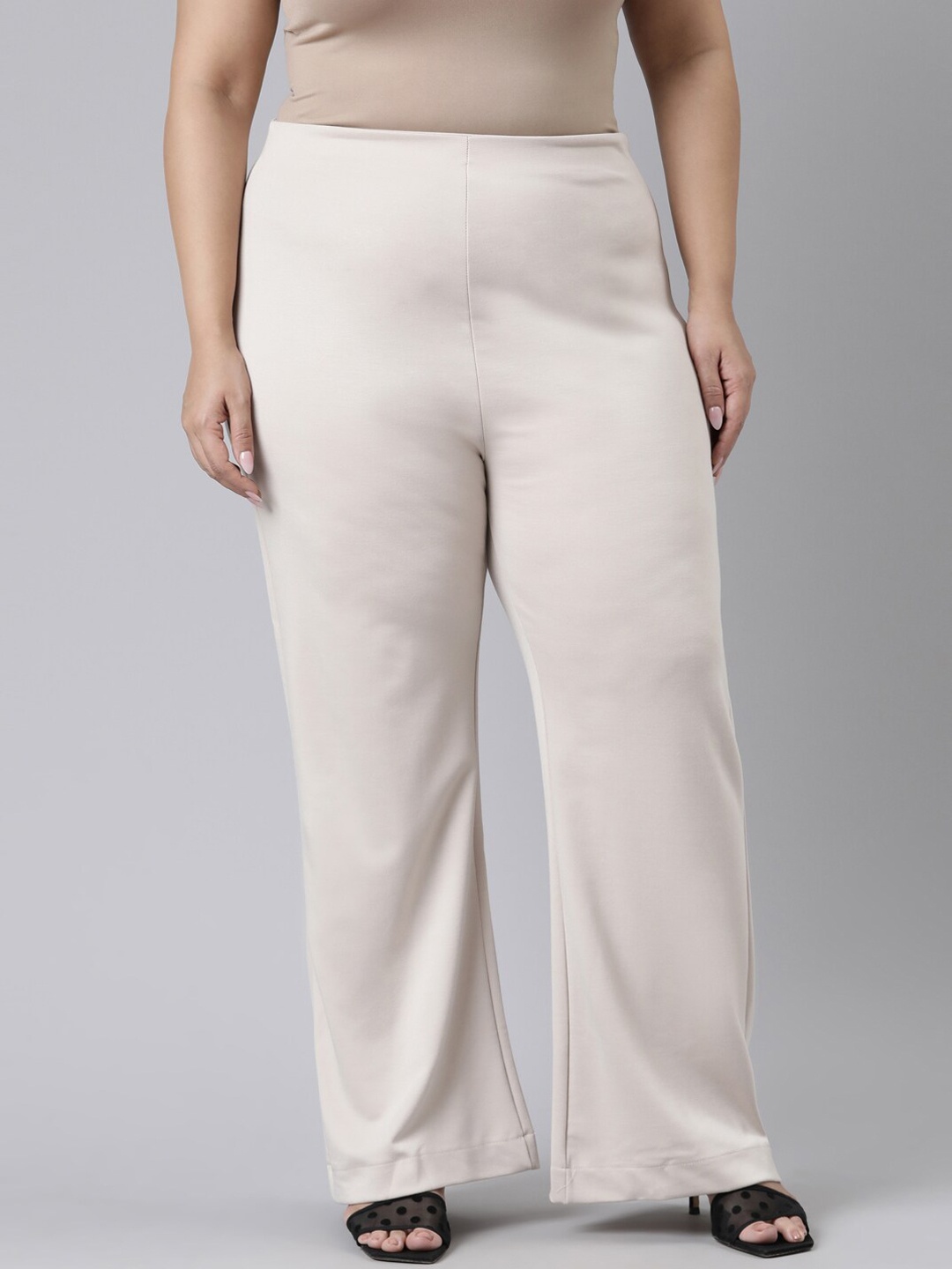 

Go Colors Women Plus Size Beige Relaxed Flared High-Rise Trousers