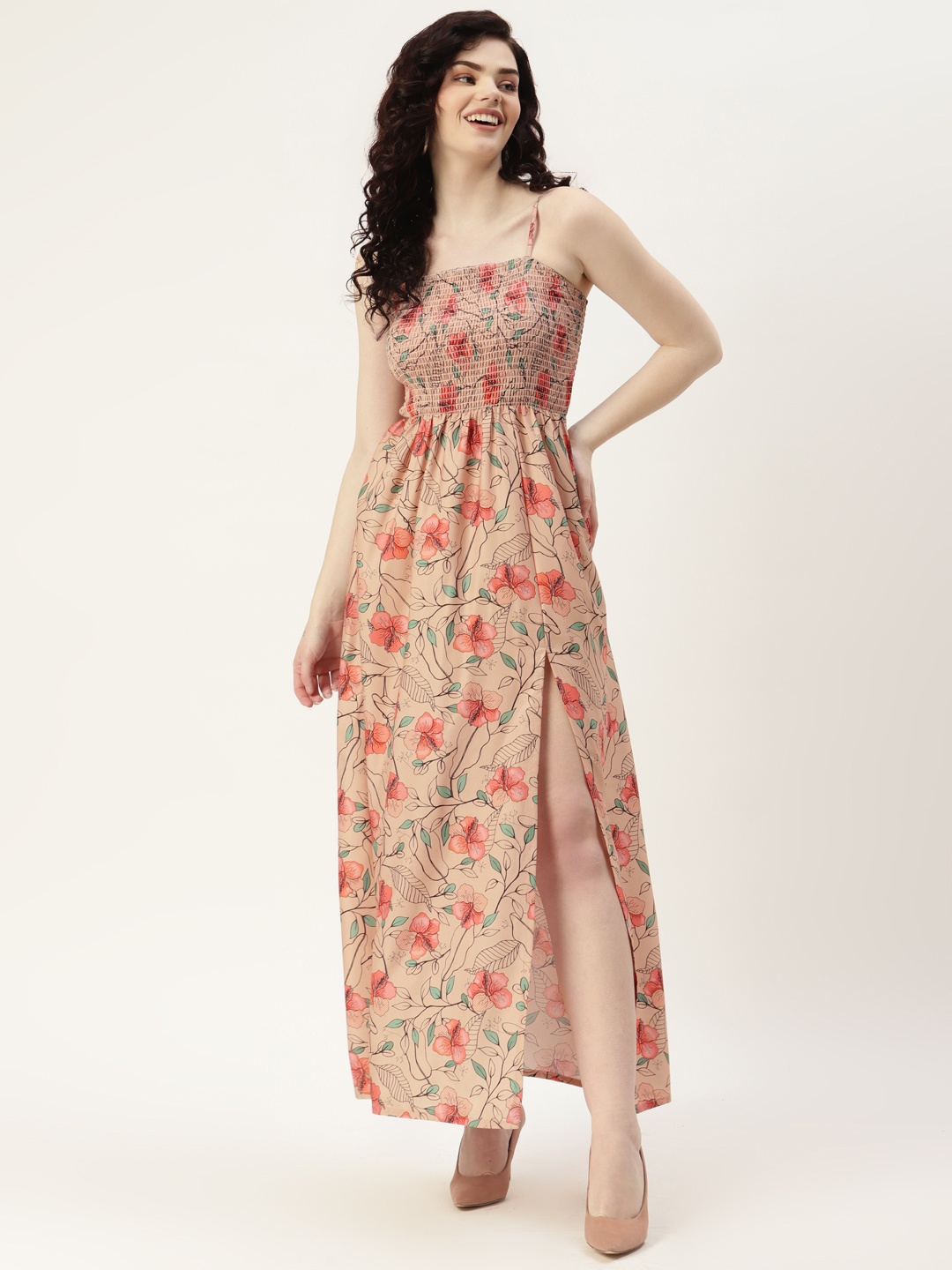 

Sleek Italia Women Beige & Coral Floral Crepe Smocked Maxi Dress with Side Slit
