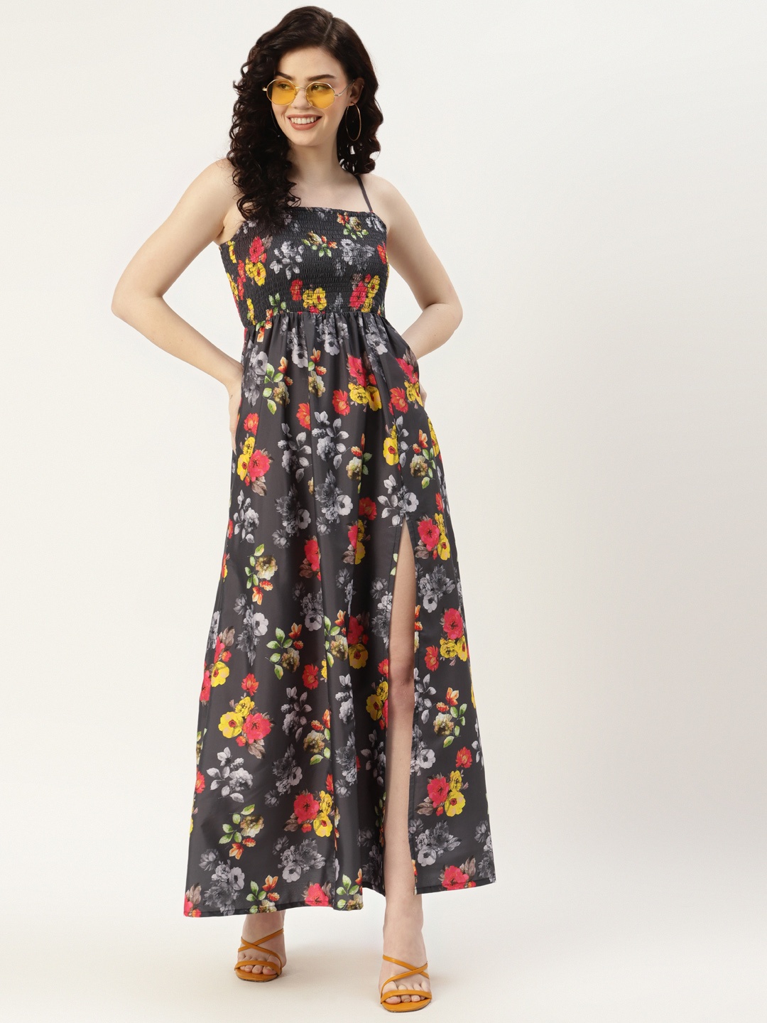 

Sleek Italia Grey & Yellow Floral Crepe Smocked Maxi Dress with Side Slit
