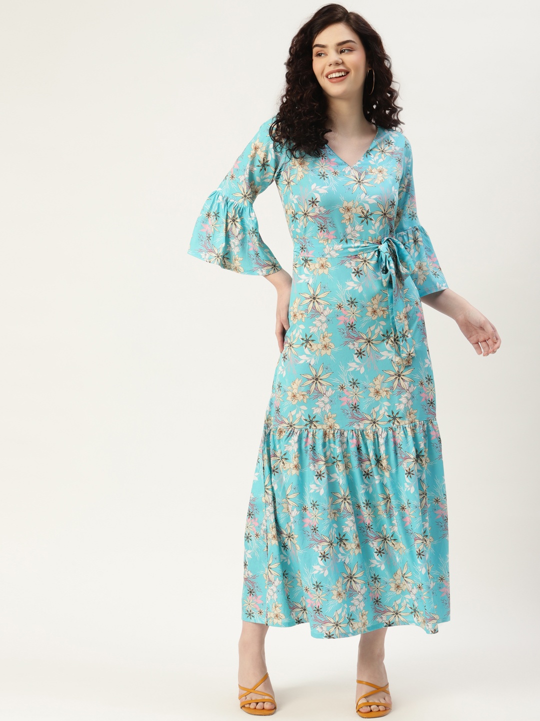 

Sleek Italia Turquoise Blue & Yellow Floral Print Bell Sleeves Crepe Tiered Maxi Dress